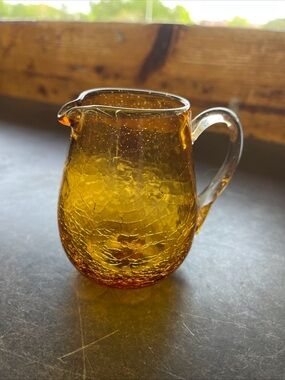 Pilgrim Glass #750 Amber Crackle Mini Pitcher Hand Blown Vintage 60s Small